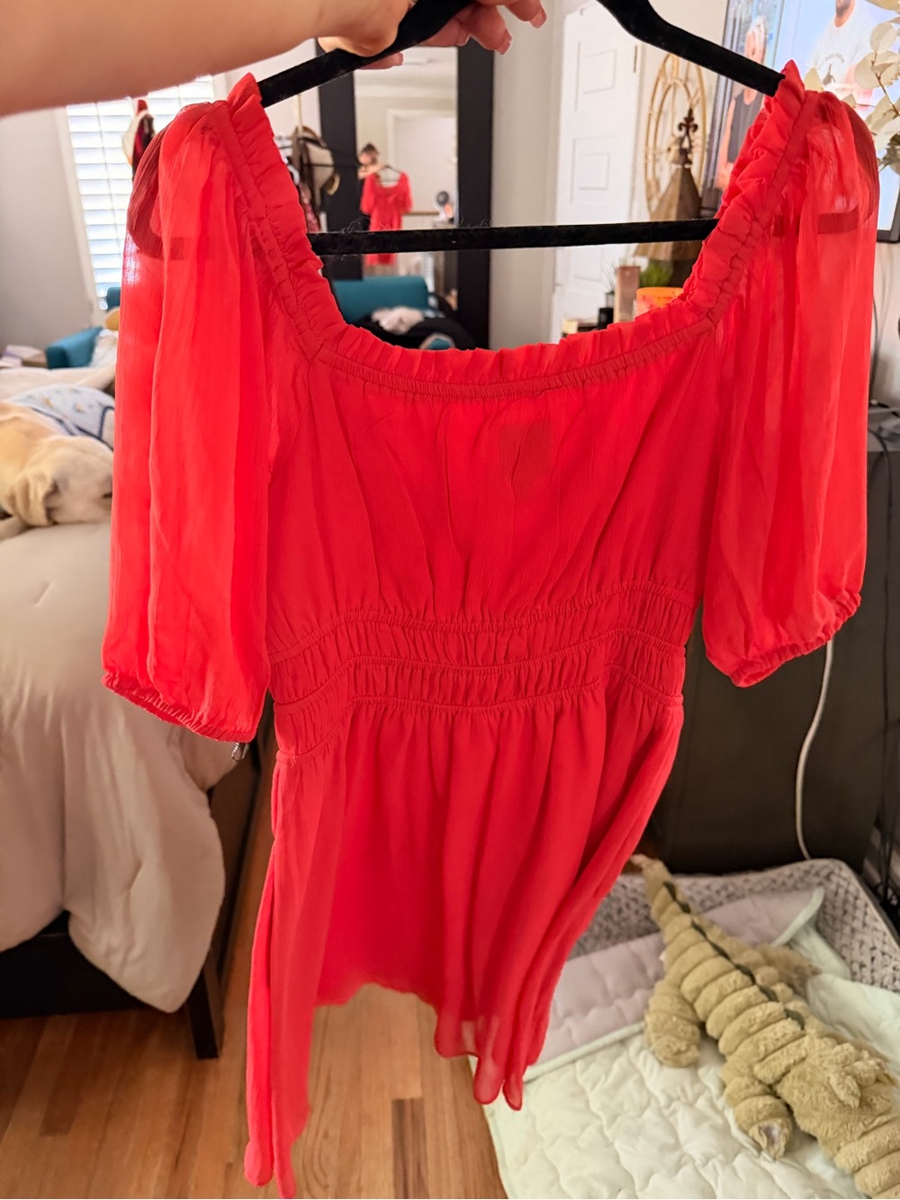 Vince Camuto Red Puff-Sleeve Smocked Mini Dress - Picture 3 of 3